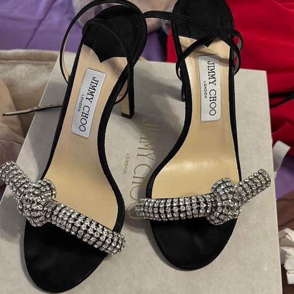 Jimmy Choo Shoes - Jimmy Choo Black and Silver Heels with Crystal Embellishments